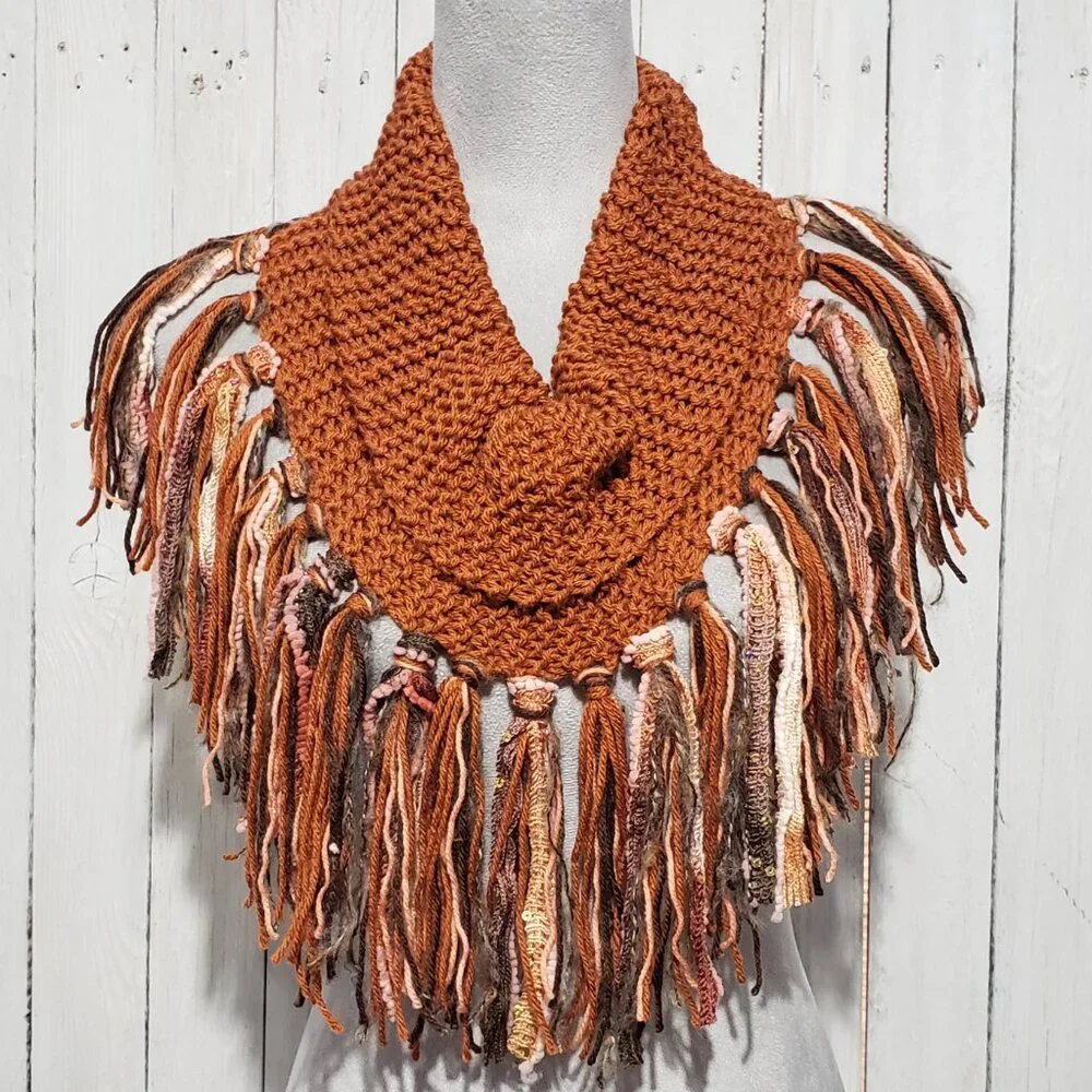 Cowl Scarf Fringe Hand Knitted Orange Rust Women's Boho Hippie Artsy Earthy Glam